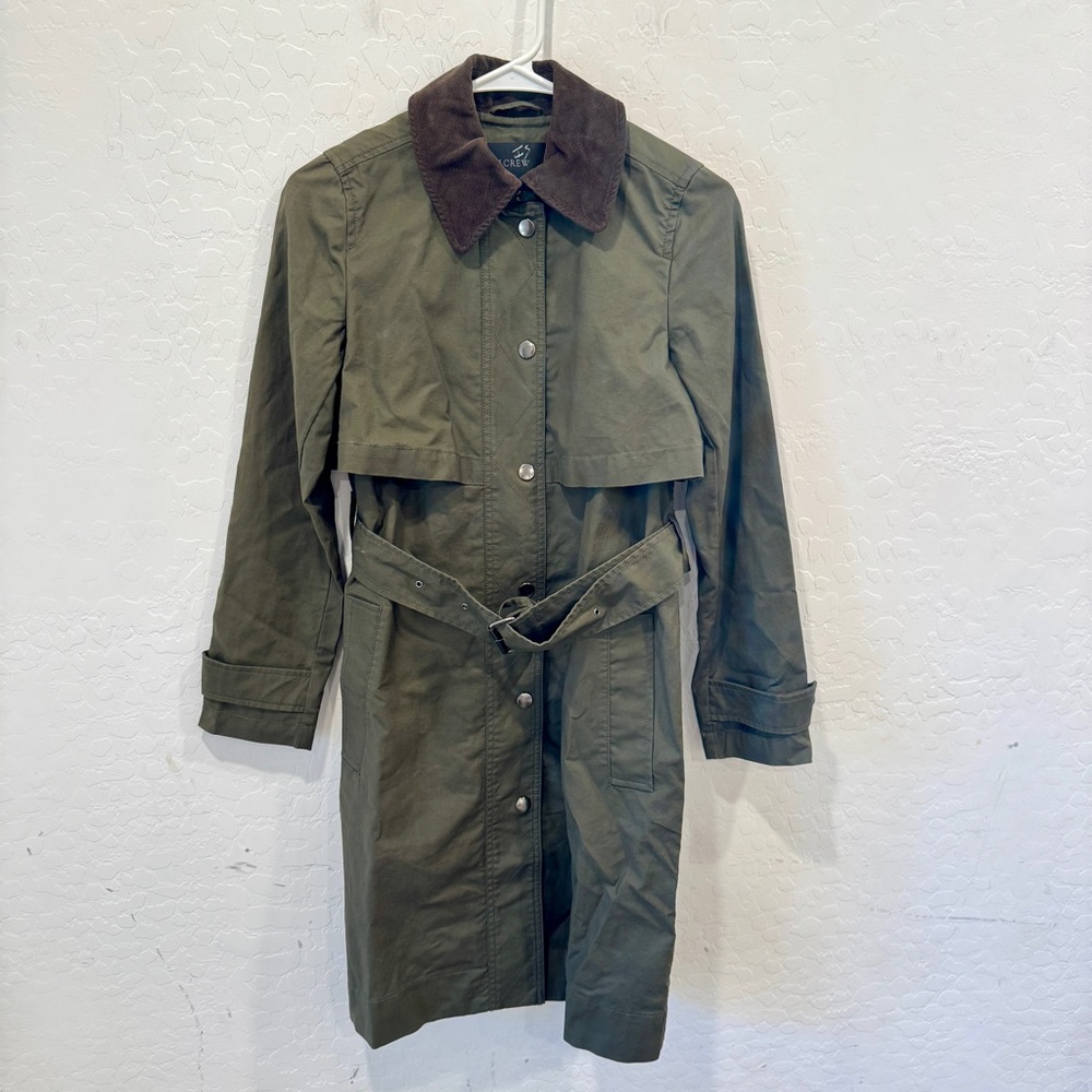 J. Crew Tall Field Trench Barn Coat Womens XXS Green Khaki Corduroy Brown Collar
